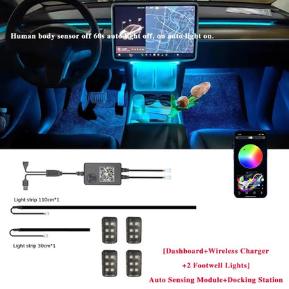 For Tesla Model 3 Model Y Car Ambient Light 60 Seconds Automatic OFF Module With USB Expansion Dock RGB APP Dashboard Lighting