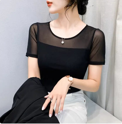 Autumn Winter Round Neck T shirt Women Sexy Mesh Bottoming Shirt Long Sleeve Solid Color Slim Fit Long Sleeve Casual Tops