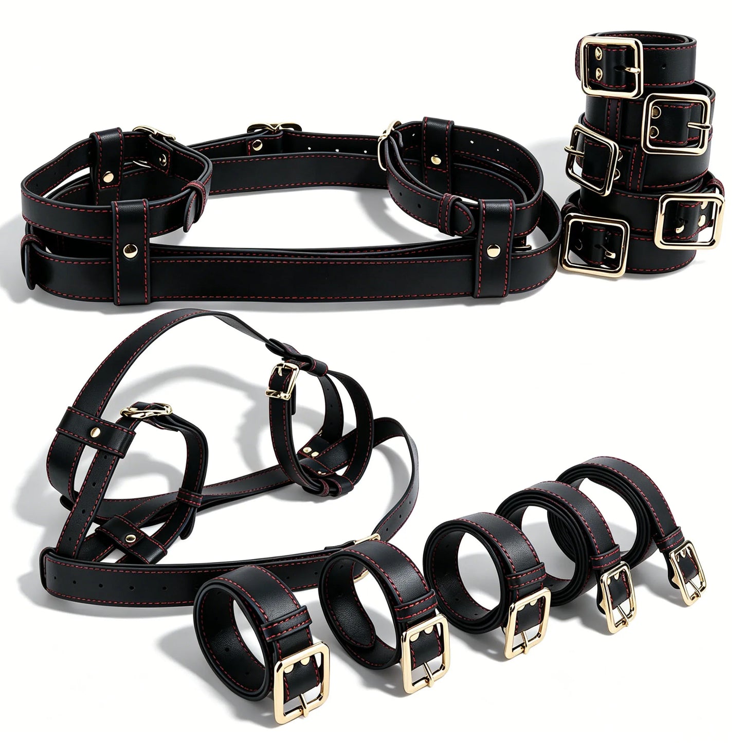 QKKQ Microfiber Leather Body Binding Belt Erotic Set Chest Restraint Bandage Handcuffs Wrist Thigh Strap BDSM Slave Couple Games
