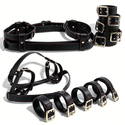 QKKQ Microfiber Leather Body Binding Belt Erotic Set Chest Restraint Bandage Handcuffs Wrist Thigh Strap BDSM Slave Couple Games
