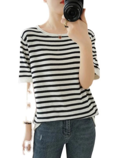 100% Pure Cotton Summer Stripe Short Sleeve T-Shirt Women Loose round Neck Vest Cotton Linen Half Sleeve Commute Style Simple