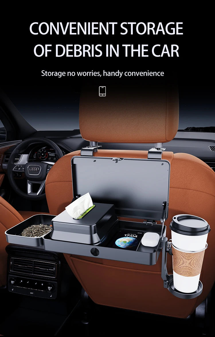 Lrbh Premium Plastic Rear Seat Organizer, with Foldable Tray, Dual Cup Holders, Phone Slot, and Large Storage Space, Easy to Install Vehicle Seat Back Accessories