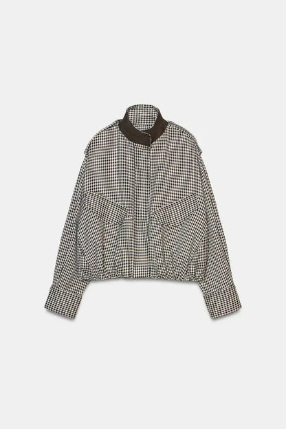 Color Block Plaid Pilot Jacket Coat High Collar Long Sleeve Women's Spring Fashion Set with Midi Skirt Spring Season Pattern