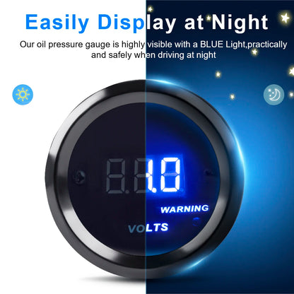 2" 52mm Car Voltmeter Gauge Kit 8-16V Blue Digital LED Volt Gauge Voltage Meter With Red Warning Light For Car Truck Vehicle