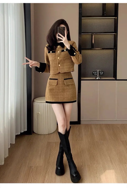 High-End  Style Women's Outerwear Set Autumn Winter New Design High Waist  Skirt Two-Piece Suit Fashionable And Warm