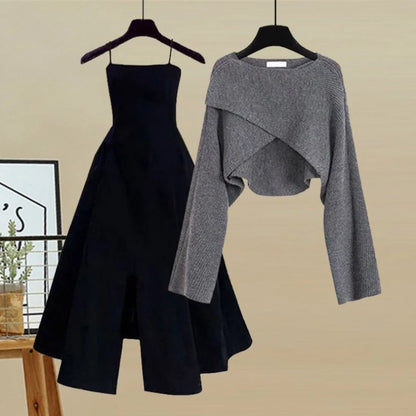 Spring and Autumn Set Women's 2023 New Korean Fashion Cross Knitted Sweater Age Reducing Sling Dress Two Piece Set