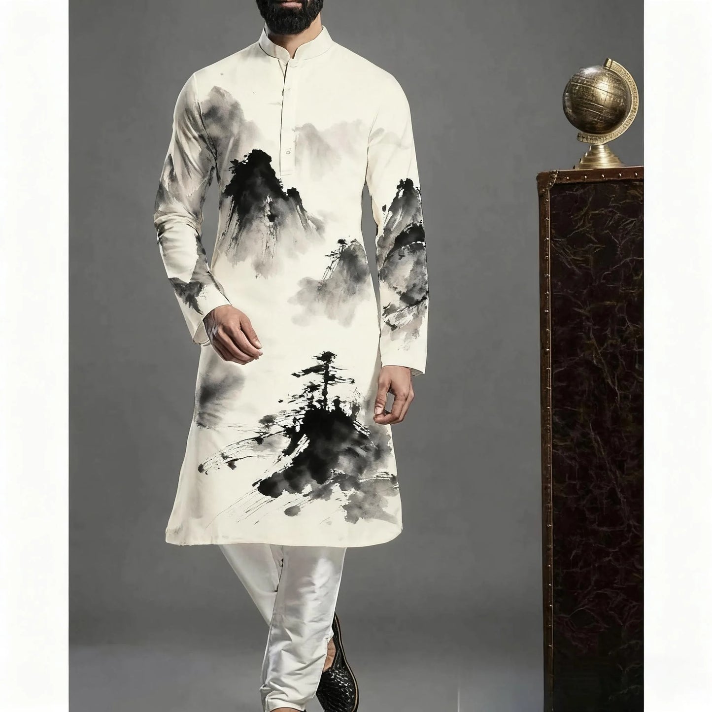 Muslim Kurtta Shirt Men Clothes Folk Kaftan Musulman Kurta Indian Islamic Clothing National Printed Long Sleeve Shirts