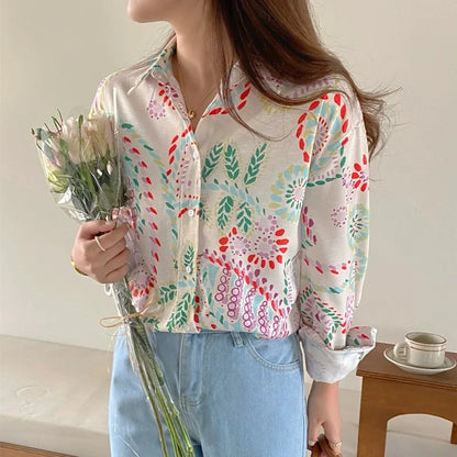 Chic Women's Shirt Vintage Gentle Loose Design Sensation Elegance Korean Style Long Sleeve  Collar Print Casual Fashion