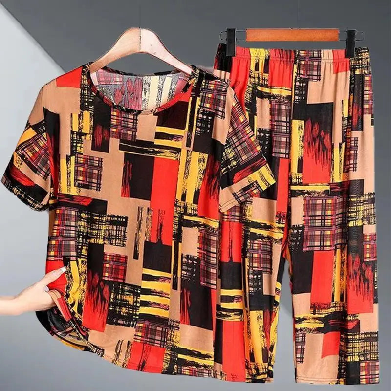 Ice Silk Two-Piece Set for Mom Summer Casual Short Sleeve Large Size Elderly Women's Fashionable Stripe And Plaid Ensemble