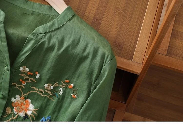 Large Size Mom Embroidered irt Women's Spring New Cotton Linen irt High End f Sve Seven Sve Women's Top