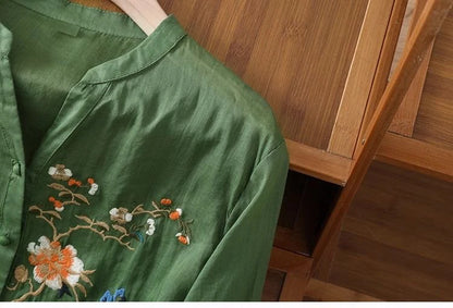 Large Size Mom Embroidered irt Women's Spring New Cotton Linen irt High End f Sve Seven Sve Women's Top