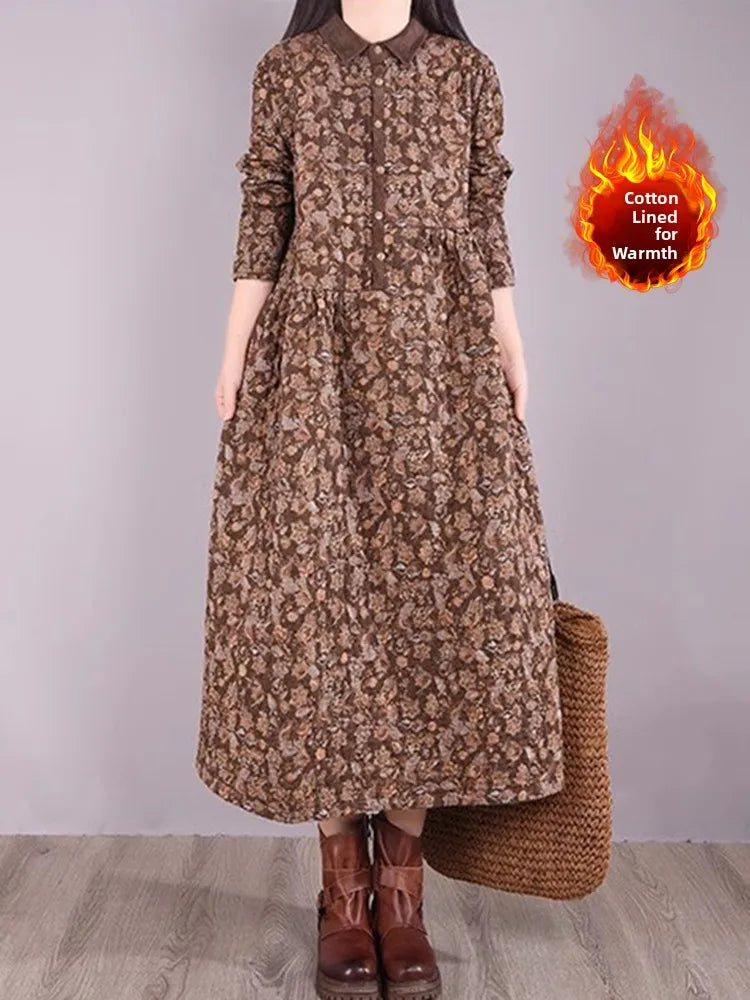 Retro Cotton Linen Long Dr Large Size Women's Faion Warmth  irt A-Line Skirt Floral Print Comfortable Loose Fit