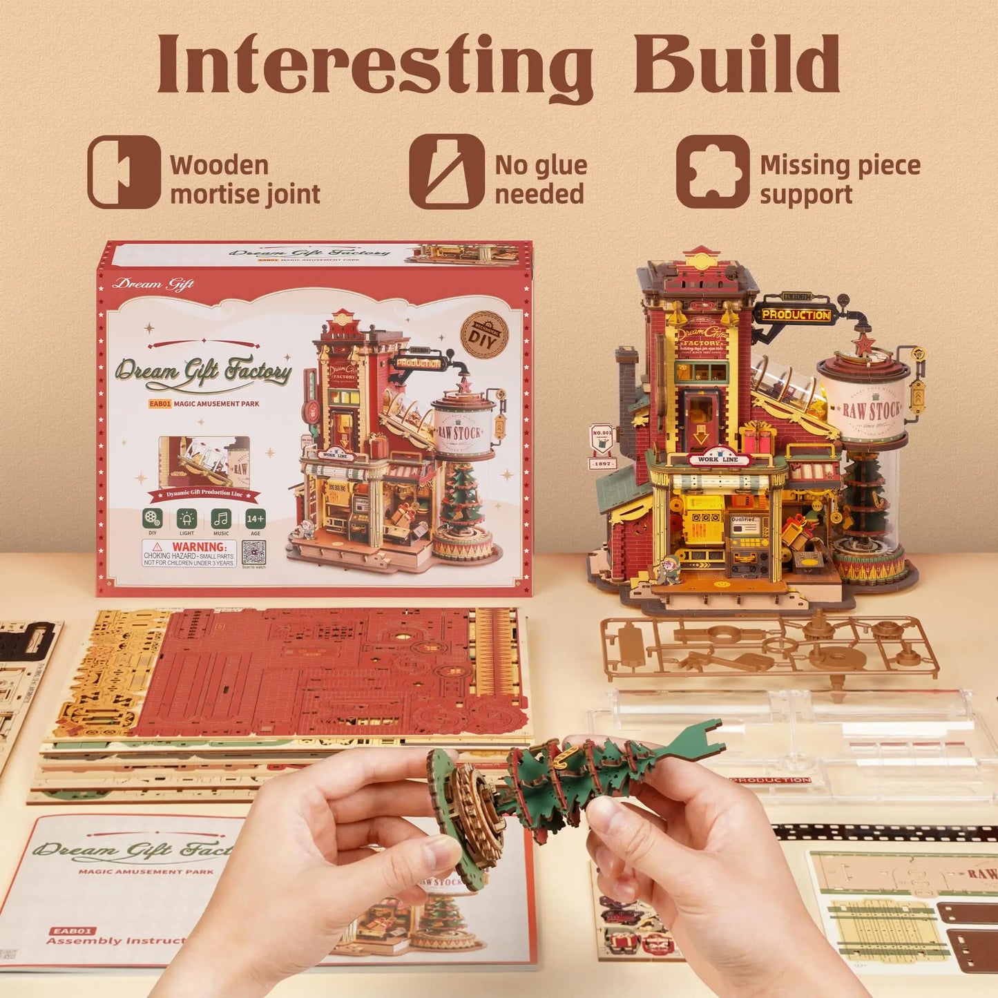 Robotime Rokr Dream Gift Factory 3D Wooden Puzzle Christmas Gifts Toy with Light and Music for Children Kids Building Block Kits
