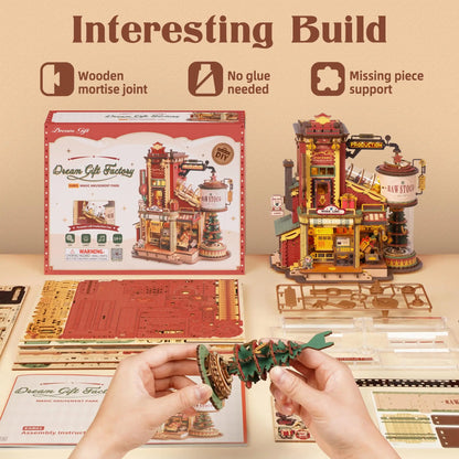 Robotime Rokr Dream Gift Factory 3D Wooden Puzzle Christmas Gifts Toy with Light and Music for Children Kids Building Block Kits