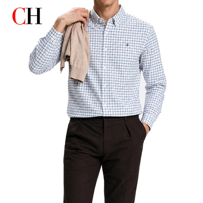 CH Men's Blue Plaid Long Sleeve Shirt Lapel Collar Embroidery Logo Cotton Shirts Business Formal Casual Daily Wear Button Down