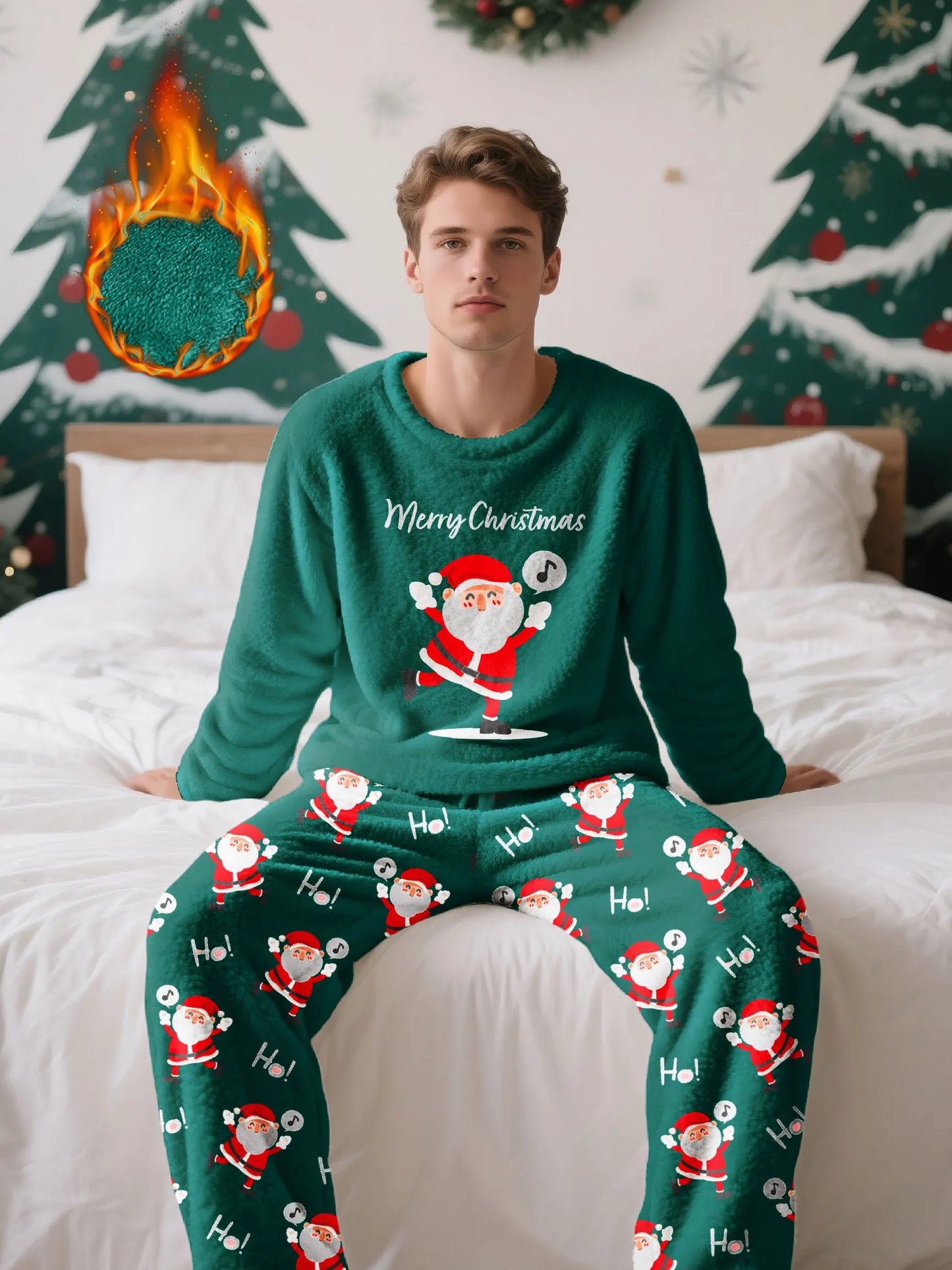 Men's Christmas-themed fleece pajama set, featuring a long-sleeve top and matching pants, comfortable and casual loungewear