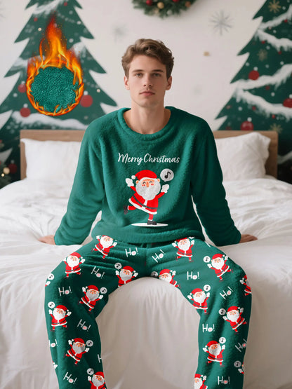 Men's Christmas-themed fleece pajama set, featuring a long-sleeve top and matching pants, comfortable and casual loungewear