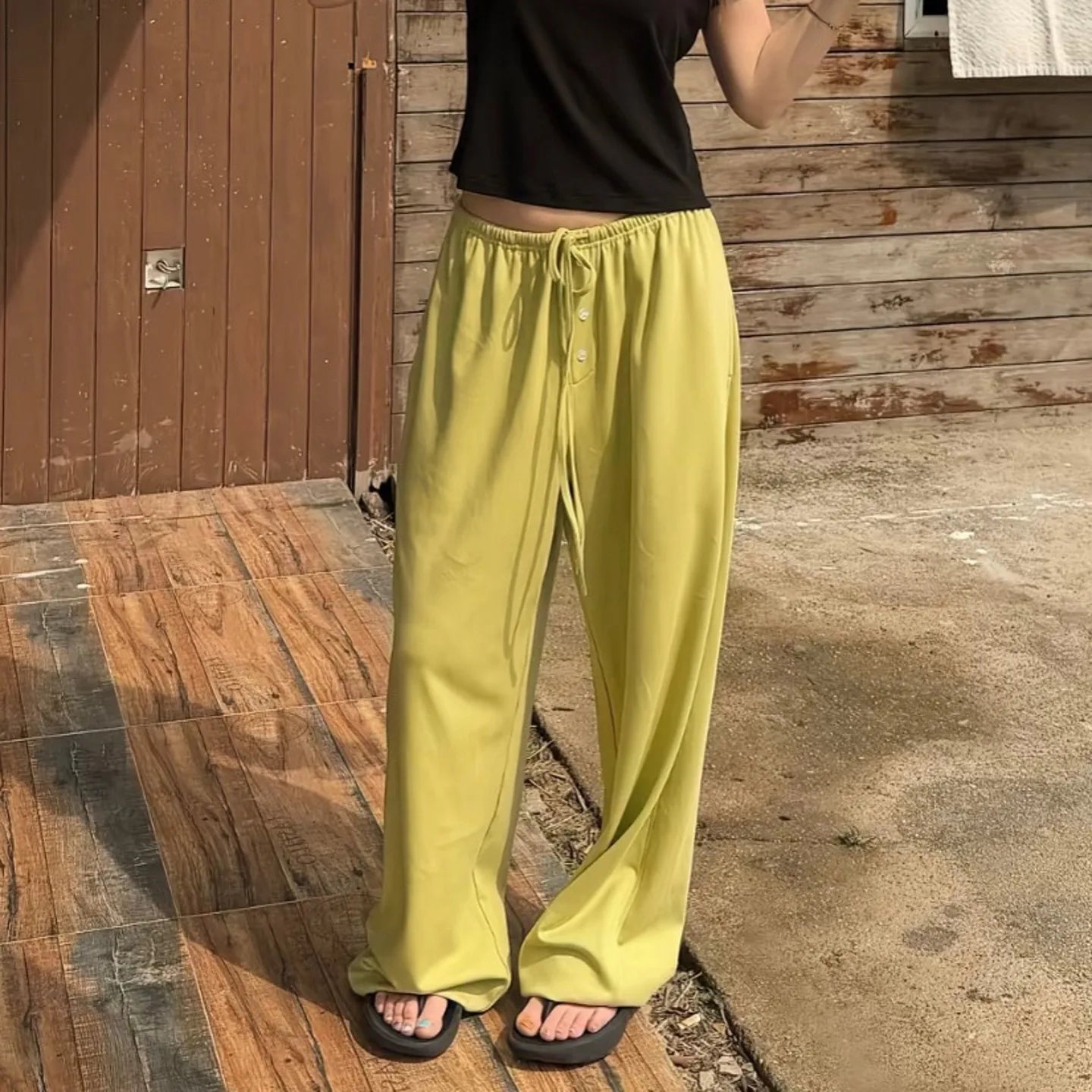 Ice Silk Quick Dry Wide Leg Pants Women Summer Thin Loose Casual Drape Straight Tube Leisure Walking Pants High Waist Elastic