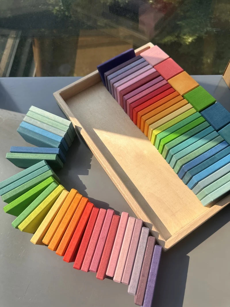 Large Rainbow Wood Building Slats Construct Cubes Blocks Pastel Stacking Timber Toys for Kids Early Learning