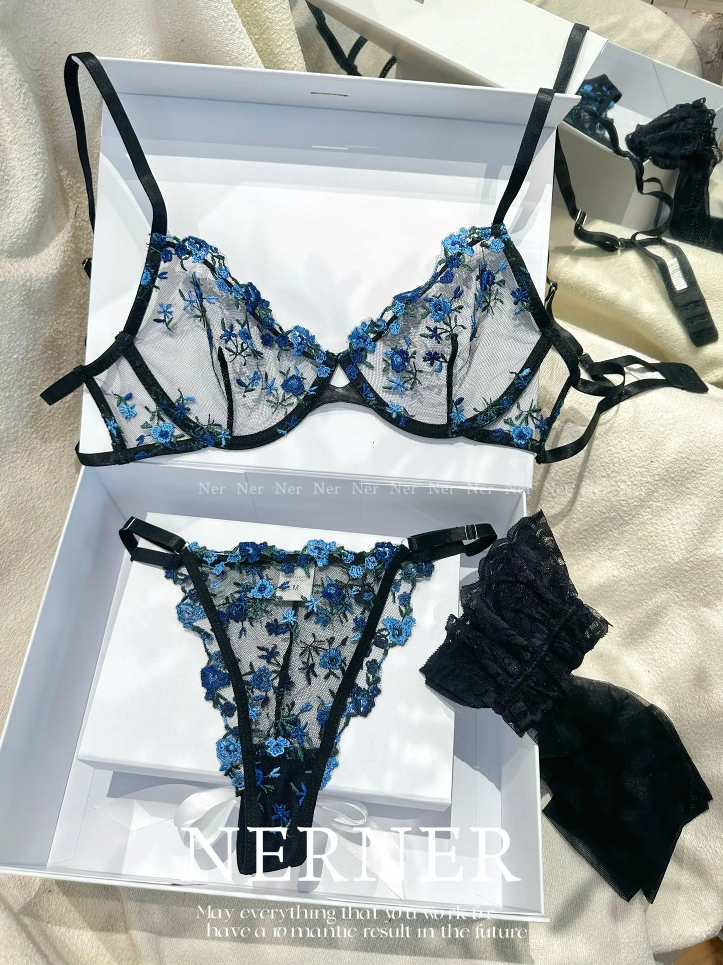 Sweet Sexy Lace Lingerie Set, Floral Embroidery Sheer Mesh, Thin Cooling, Big Bust Relief, Japanese Daily Women Underwear 32-38
