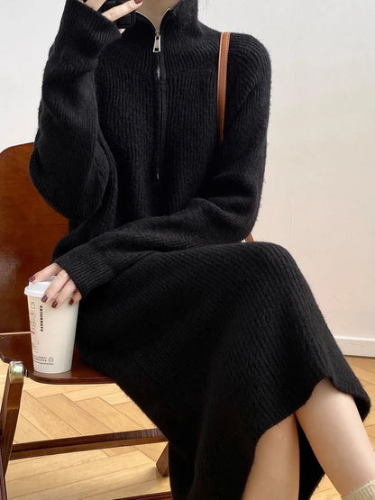 Thickened Long Sleeve Knitted Dress Zipper Collar Women's Autumn Winter Retro Long High Collar Sweater Dress Straight Tube Ba...