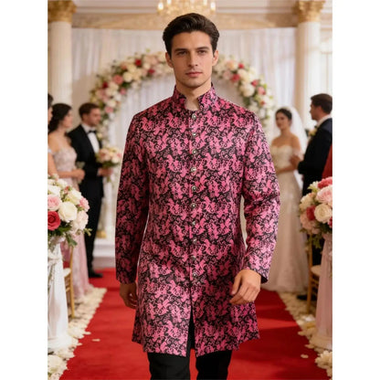 Medieval Men's Kurta Sherwani Jacket Shiny Wedding Robe  Collar Ethnic Clothing Polyester Fiber 100% Printed Design
