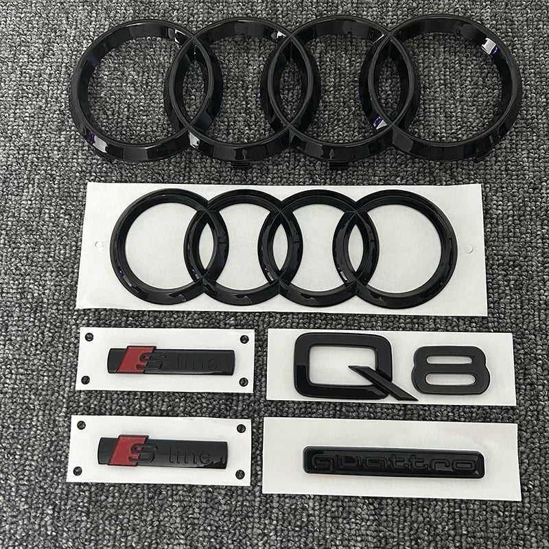 AUDI Q8 4-Ring logo ABS Black Car Hood Front Grill Emblem Rear Trunk Badge Q8 Sticker Quarrto Sline Emblem For Q8 2018-2024