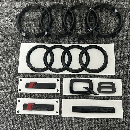 AUDI Q8 4-Ring logo ABS Black Car Hood Front Grill Emblem Rear Trunk Badge Q8 Sticker Quarrto Sline Emblem For Q8 2018-2024