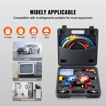 SucceBuy 4 Way AC Gauge-AC Manifold Gauge Set with 5ft Hoses for R134A/R22/R12/R410A Work on Car Freon Charging and Evacuation
