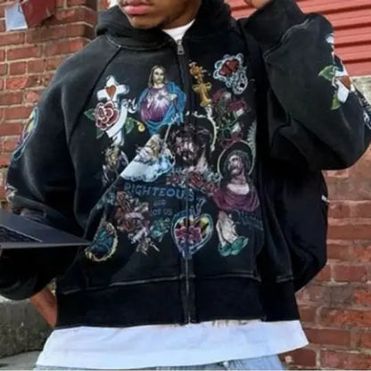 Cartoon Print Hooded Zipper Sweatshirt Loose Fit Comfortable Long Sleeve Women's Casual Streetwear Fashion Sweatshirt