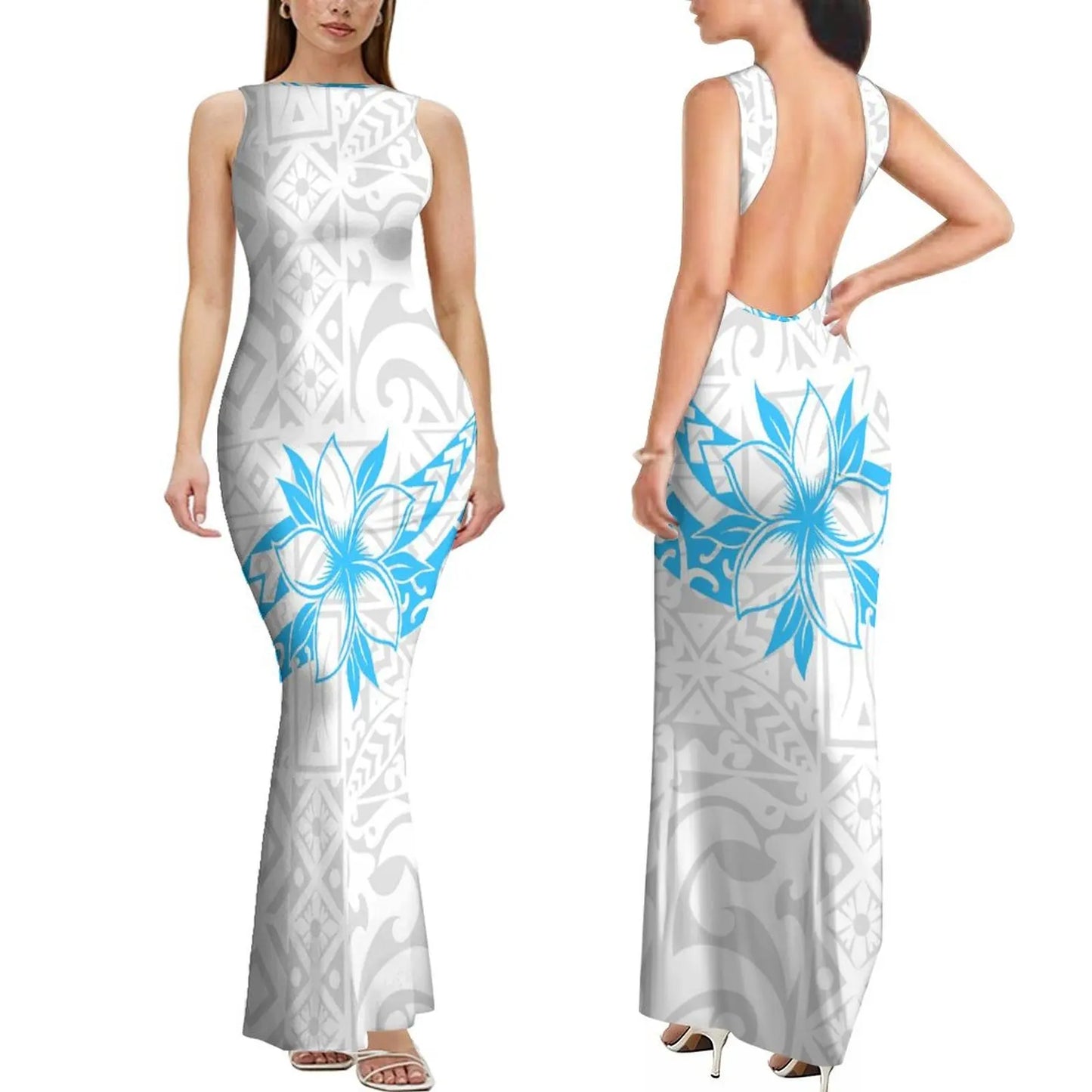 Dropshipping Custom Retro Style Design Elegant Ladies Club Dress Hawaiian Print Sleeveless Backless Dress New Zealand Prom Dress