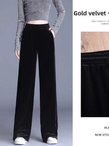 Slim Fit Velvet Wide Leg Pants Winter New Style plus Size Warm Fleece High Waist Elastic Korean Velvet Pants for Women