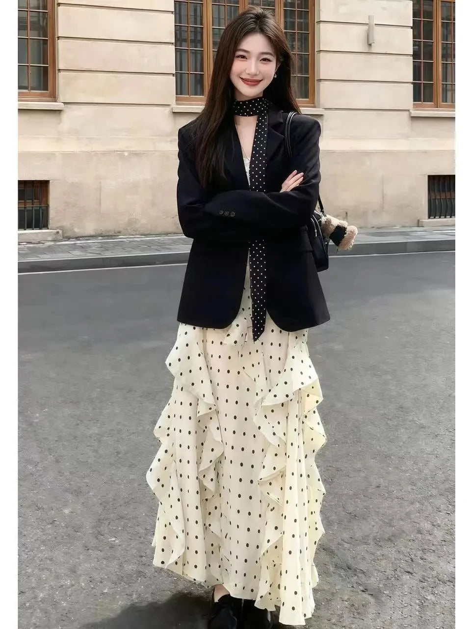 Black Suit And Polka Dot Dress Two-Piece Set for Women Early Spring Fashion Slimming Effect Ribbon Detail Long Sleeve Button-Up
