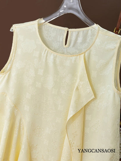 2026 Women's Fashion Summer New 100% Natural Mulberry Silk HuaLuo Beige Irregular Breathable Round Neck Sleeveless Tank Top
