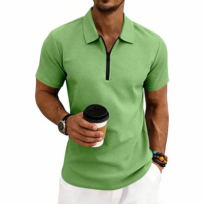 Men's Zip Polo Shirt Short Sleeve Waffle Textured Casual Top 2026