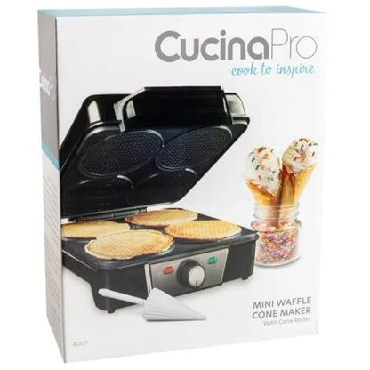 Mini Waffle Ice Cream Cone Maker - Bake 4 Homemade Mini Cones at Once Includes Shaper Roller - Make Fun Bite Sized Entertaining