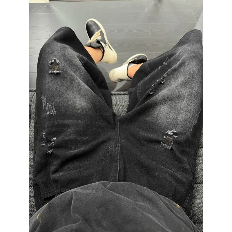 Unisex American Ins High Street Loose Straight Seven-Point Jeans Ripped Distressed Denim Shorts Summer Casual Streetwear