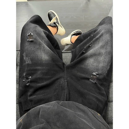 Unisex American Ins High Street Loose Straight Seven-Point Jeans Ripped Distressed Denim Shorts Summer Casual Streetwear