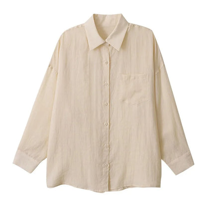 100% Ramie Thin Breathable Women Shirt Chic French Lapel Single-Breasted Cardigan Ladies Loose Simple Long-Sleeved Shirts