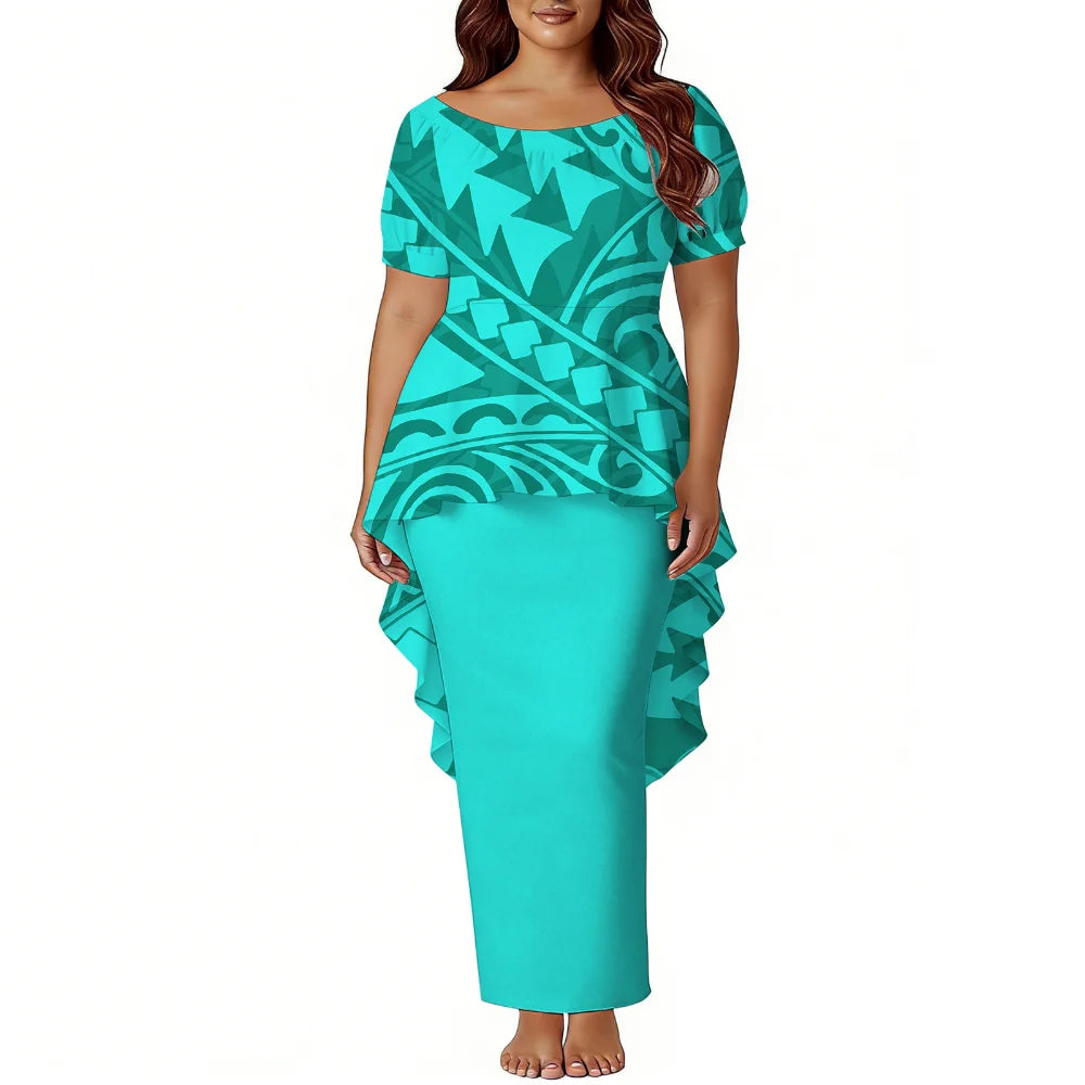 Polynesian Island-Style Women'S Short-Sleeved Puletasi Floral Print Dress Samoan Party Style Evening Dress