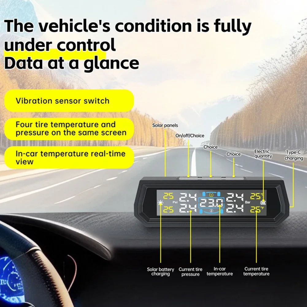T17 Car Wireless TPMS Tire Pressure Monitor Solar/USB Powered LCD Digital Display Tire Pressure Monitoring System For SUV Truck
