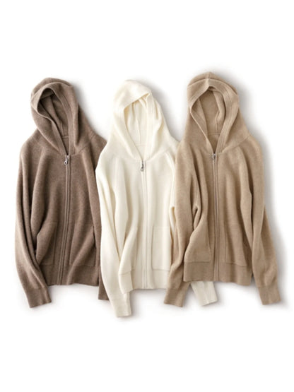 New 100% pure cashmere cardigan female loose zipper hoodie cashmere sweater coat hoodie