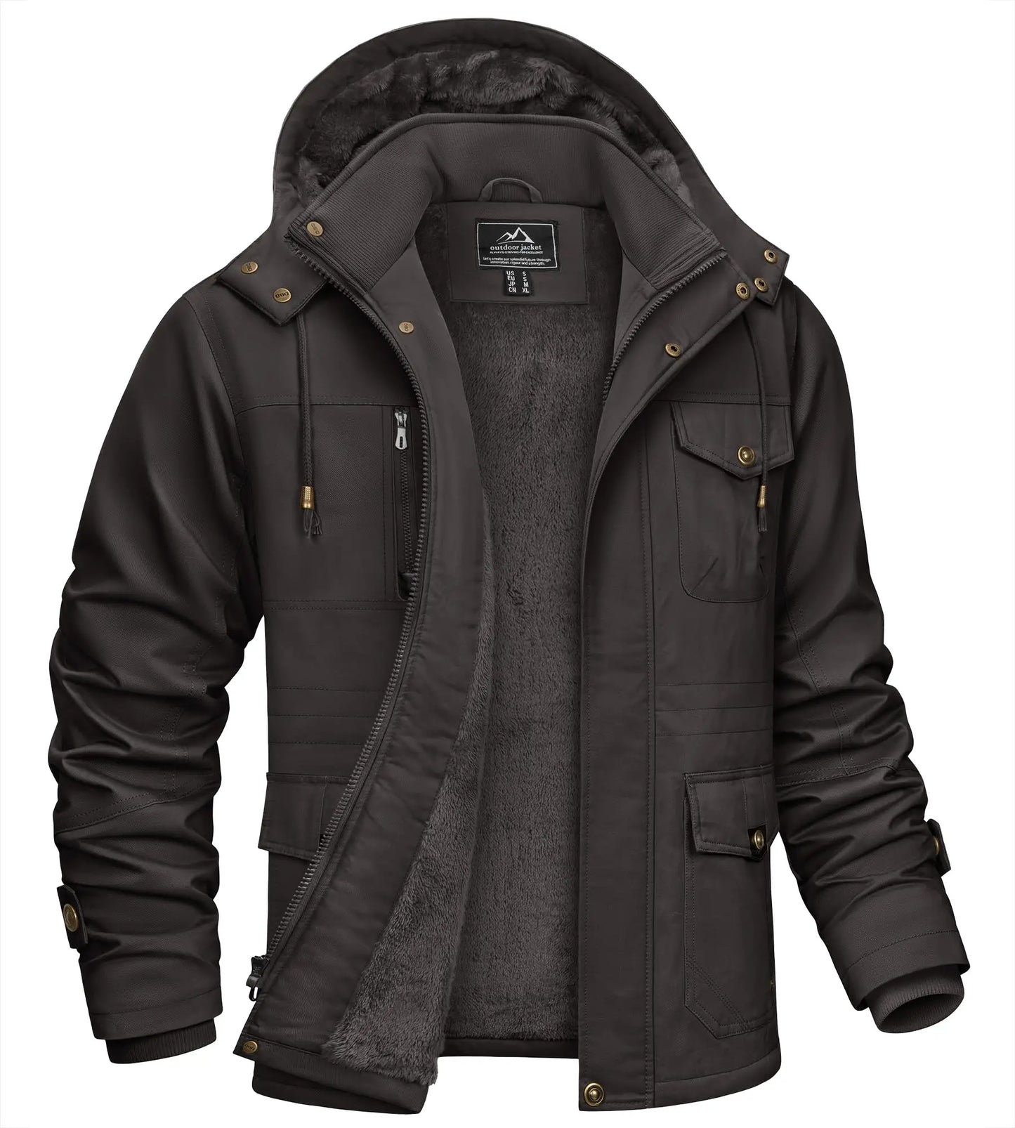 TACVASEN Mens Fleece Lined Winter Warm Jacket Detachable Hood With 6 Multi-Pocket Parka Coat Windproof Outdoor Hiking Daily Coat