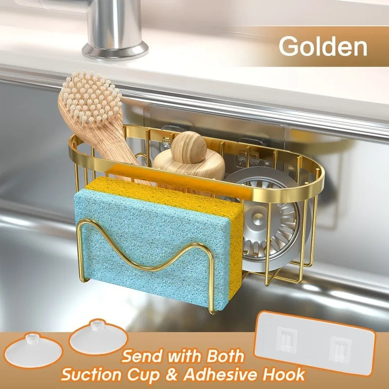 1PC No-Drill Wall-Mounted Stainless Steel Sponge Holder with Strong Suction Cup for Kitchen Sink Organizer