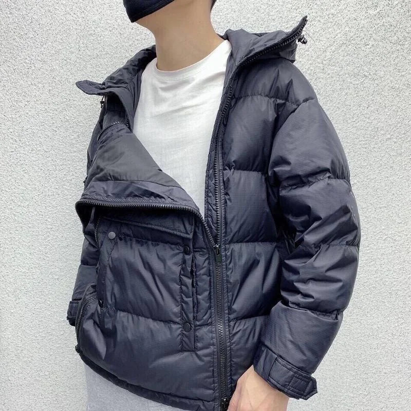 Tactical Double Zip Jacket Hooded Parkas Men Winter Down Cotton Coat Black Pullover Glossy Padded Jackets Casual Warm Outerwear