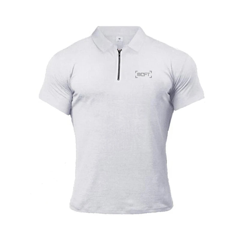 Men Casual Fashion Short Sleeve Slim Fit Zip Collar Cotton Polo Shirts Gym Fitness Summer Breathable Cool Feeling Muscle Shirt