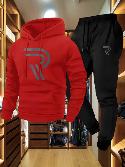 Men's Sporty Two-Piece Set Hoodie And Pants Gray Black Logo Non-Stretch Regular Fit with Pockets for Fall_Winter tracksuit men