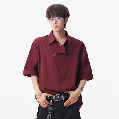 Summer Men's Metal Button Solid Color Lapel Polo Shirts Retro High Street Asymmetrical Oversized Tshirts Y2K Casual Fashion Tops