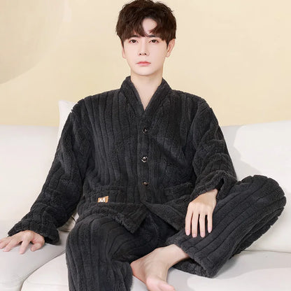 Thick Coral Fleece Sleepwear Men's Autumn Winter Casual Large Size Outdoor Wearable Flannel Home Clothes Set V-Neck Long Sleeve