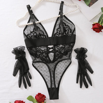 AVELINE 2024 Spring Erotic New Polka Dot Mesh Splicing See-Through Sexy Lingerie Jumpsuit Onlyfans